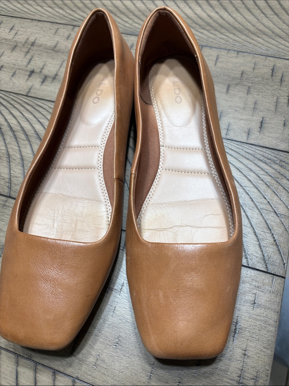 ALDO Tan Leather Square-Toe Ballet Flats